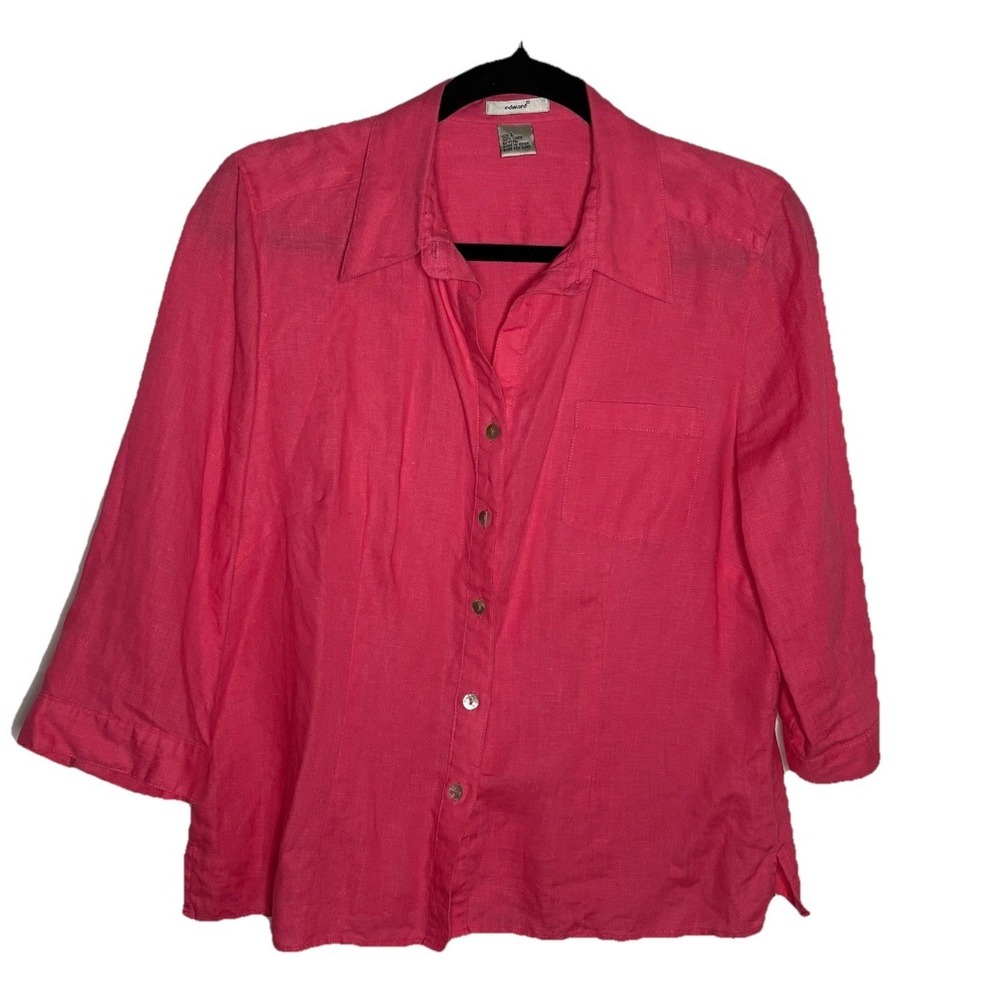 Vintage Edward Linen Shirt Womens L Hot Pink 3/4 Sleeve‎ Resortwear Vacation